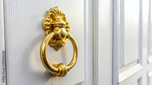 Minimalist Golden Door Knocker on a Plain White Door - Stock Photo
