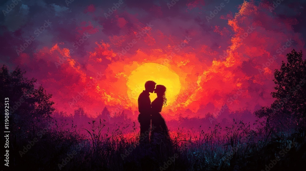 Couple embracing in a field during sunset with vibrant orange and purple sky valentine day Couple embracing in a field during sunset with vibrant orange and purple sky valentine day