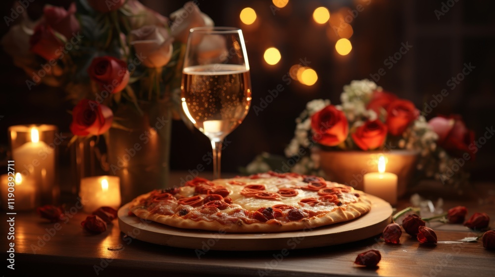 Romantic dinner setting featuring a delicious pizza surrounded by roses and candlelight, perfect for intimate gatherings or special occasions at home Romantic dinner setting featuring a delicious pizza surrounded by roses and candlelight, perfect for intimate gatherings or special occasions at home