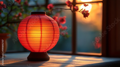 Softly glowing red lantern against a backdrop of sunlight filtering through w...