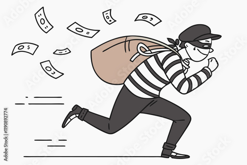 cartoon burglar, side view, running pose, striped shirt, black cap, brown sack, floating money, minimalist style, white background, vector illustration, flat design, thief character, comic art, 2D ani