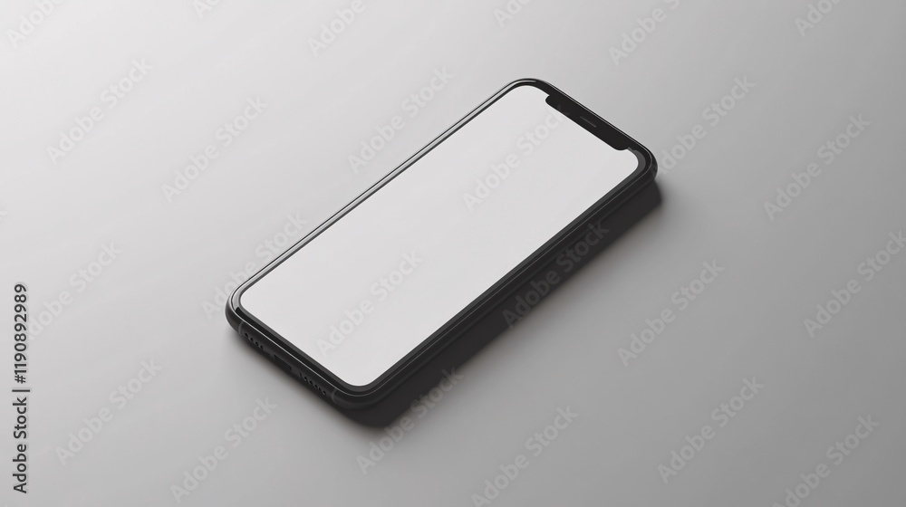 Modern smartphone showing blank screen lying on gray table Modern smartphone showing blank screen lying on gray table
