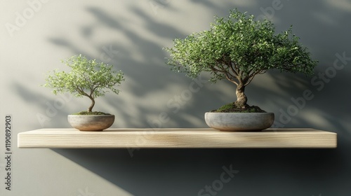 Bonsai tree and smaller plant displayed on a rustic wooden shelf with soft li...