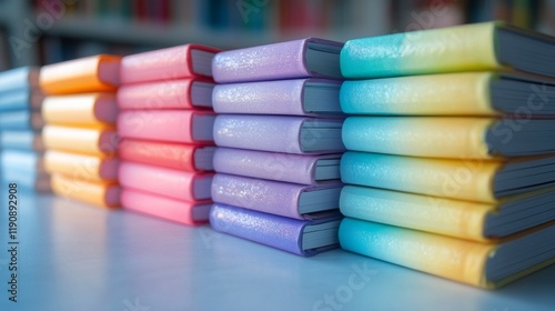Colorful stacked notebooks on a table with flowers in the background during d...