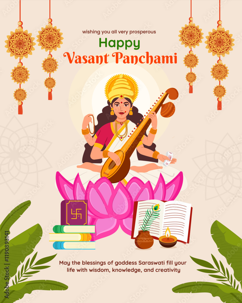 Vasant panchami India festival with with goddess of wisdom saraswati editable post banner template