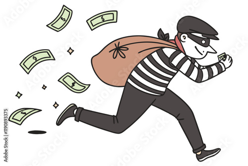 cartoon burglar, side view, running pose, striped shirt, black cap, brown sack, floating money, minimalist style, white background, vector illustration, flat design, thief character, comic art, 2D ani
