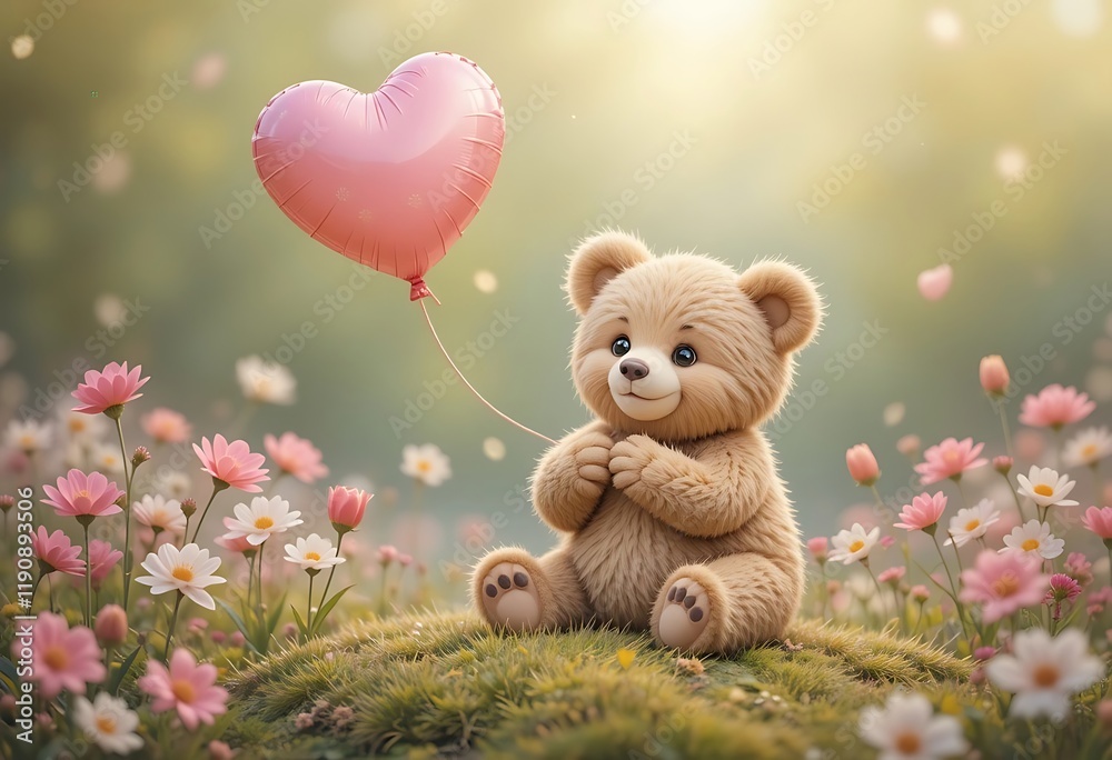 Fototapeta premium Teddy Bear Holding Heart-Shaped Balloon in a Meadow for Valentine's Day