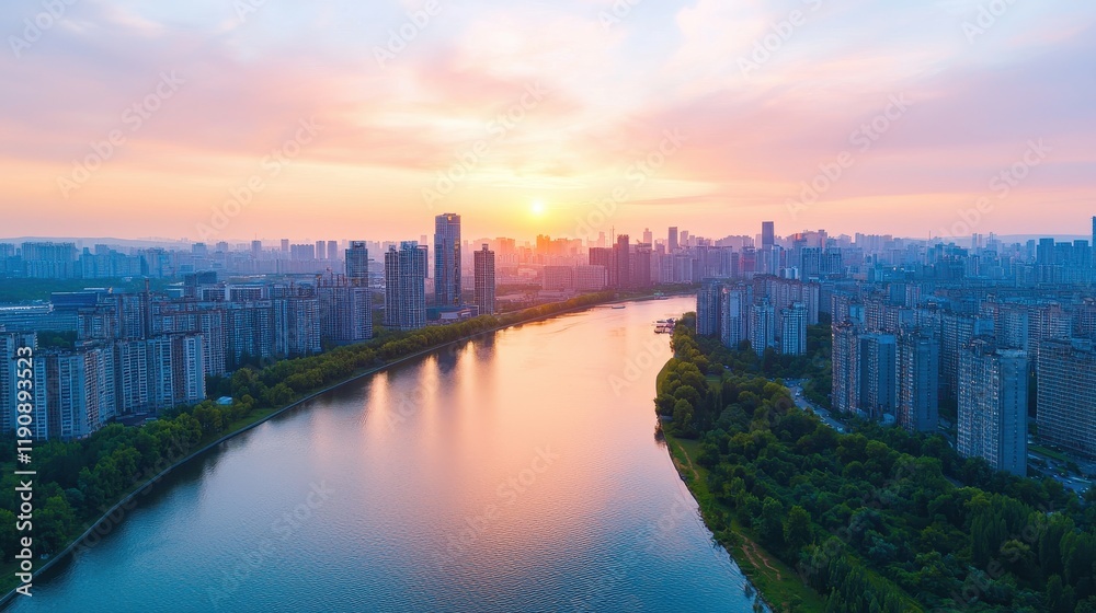 Naklejka premium A stunning aerial view of a cityscape at sunset, showcasing buildings along a reflective river, enveloped in warm, vibrant colors.