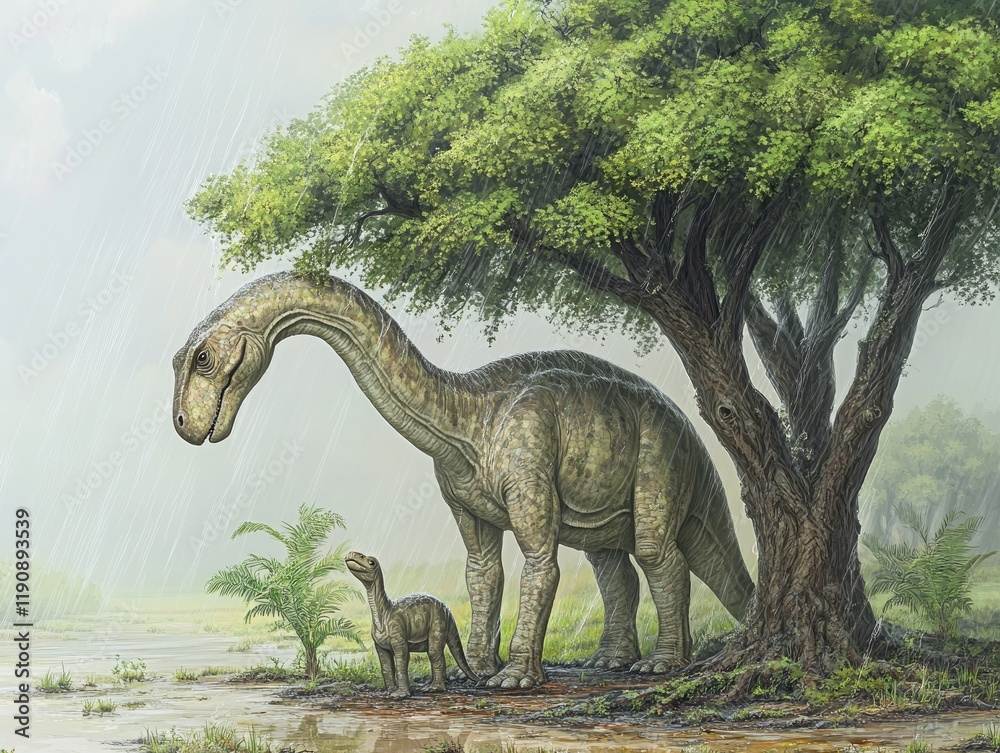 Obraz premium Dinosaurs Sheltering Under a Tree in a Rainy Prehistoric Landscape