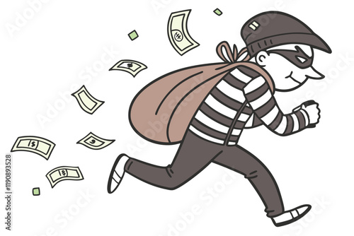 cartoon burglar, side view, running pose, striped shirt, black cap, brown sack, floating money, minimalist style, white background, vector illustration, flat design, thief character, comic art, 2D ani
