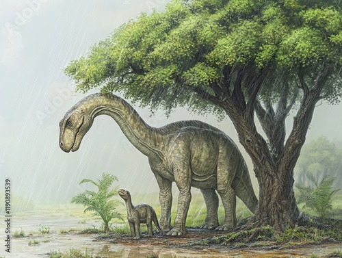 Dinosaurs Sheltering Under a Tree in a Rainy Prehistoric Landscape photo