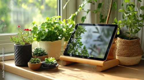 Cozy indoor space with tablet and coffee cup on wooden table surrounded by pl...