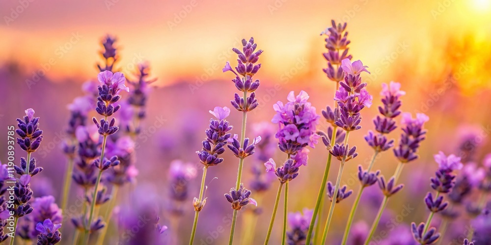 Naklejka premium Minimalist Lavender Close-up: Delicate Purple Blooms on Soft Pink & Yellow Background