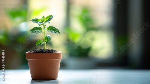 Small green plant grows in a brown pot on a table surrounded by other plants ...