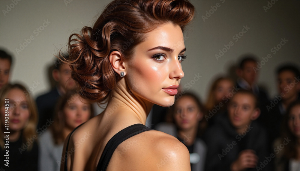Confident woman posing for audience in elegant setting Confident woman posing for audience in elegant setting