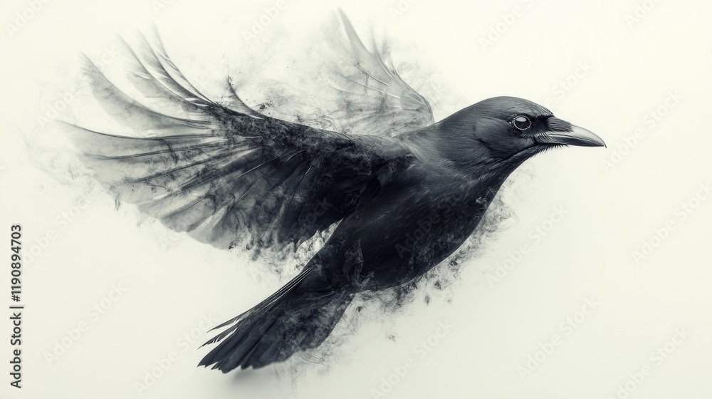 Fototapeta premium Black Crow in Motion Against Minimalist Background. Generative AI