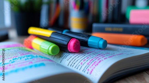 Colorful pen resting on a notebook with notes and a small plant in the backgr...