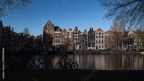 Canal-side houses, Amsterdam, bikes, sunny day, travel photo photo