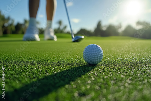 Close-up of golf ball on field against background of golfer's legs and golf club on green grass. photo