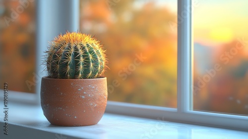 Cactus in terracotta pot near window with soft natural light illuminating its...