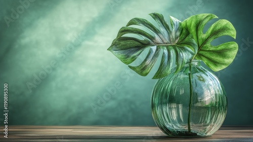 Large leafy green plants in a glass vase against a light green background