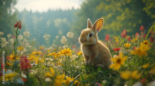 Rabbit exploring a vibrant flower field during sunny spring day