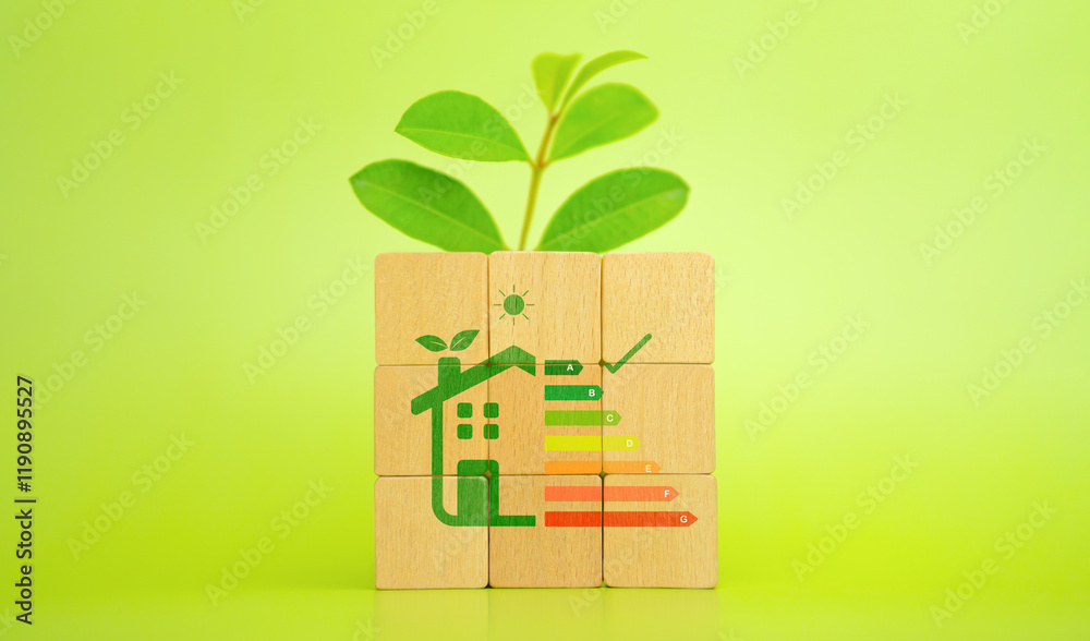 Home energy efficiency or energy saving rate to reduce carbon emissions, green building on wooden blocks for sustainable development and energy efficiency to save green energy costs. Home energy efficiency or energy saving rate to reduce carbon emissions, green building on wooden blocks for sustainable development and energy efficiency to save green energy costs.