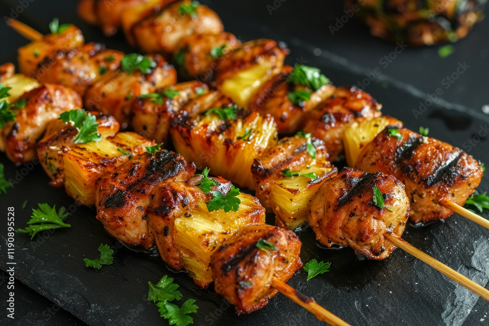 Grilled chicken skewers with pineapple and fresh herbs on black slate platter Grilled chicken skewers with pineapple and fresh herbs on black slate platter