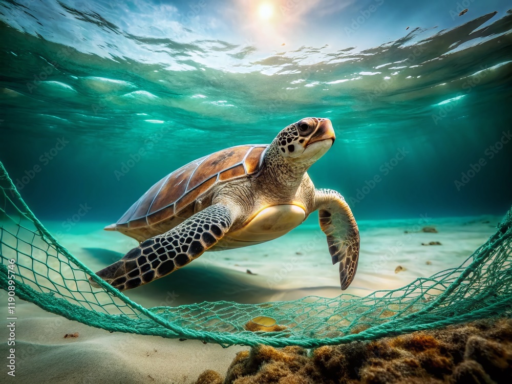 Obraz premium Minimalist Photo: Turtle Entangled in Fishing Net - Ocean Conservation