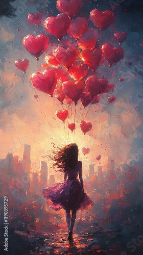 Adorable girl with heart-shaped baloons
