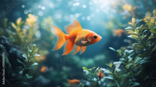 Colorful goldfish swimming gracefully among aquatic plants in a serene underw...