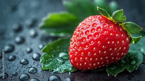 Fresh strawberry on a green leaf glistening with water droplets in a tranquil...