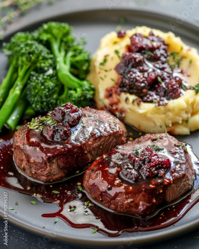 Savory beef fillet medallions topped with berry sauce served with creamy mashed potatoes and steamed broccoli