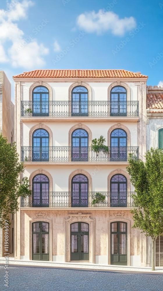 Elegant Four-Story Building Facade Bathed in Sunshine with Clear Blue Sky Background Elegant Four-Story Building Facade Bathed in Sunshine with Clear Blue Sky Background