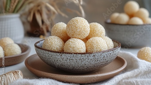 Delicious sweet dumplings served in a rustic bowl with sesame seeds on a wood...