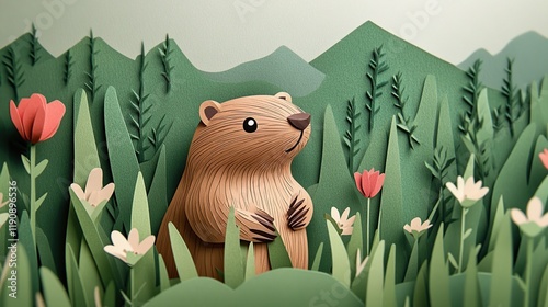 Cute woodchuck in paper art style spring meadow. photo