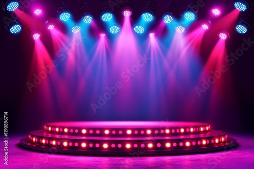 Dramatic theater stage design with vibrant lighting and textured backdrop for...