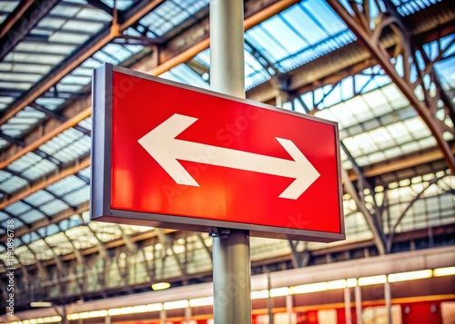 Minimalist Red Double Arrow Railway Sign at Liverpool Lime Street Station Entrance photo