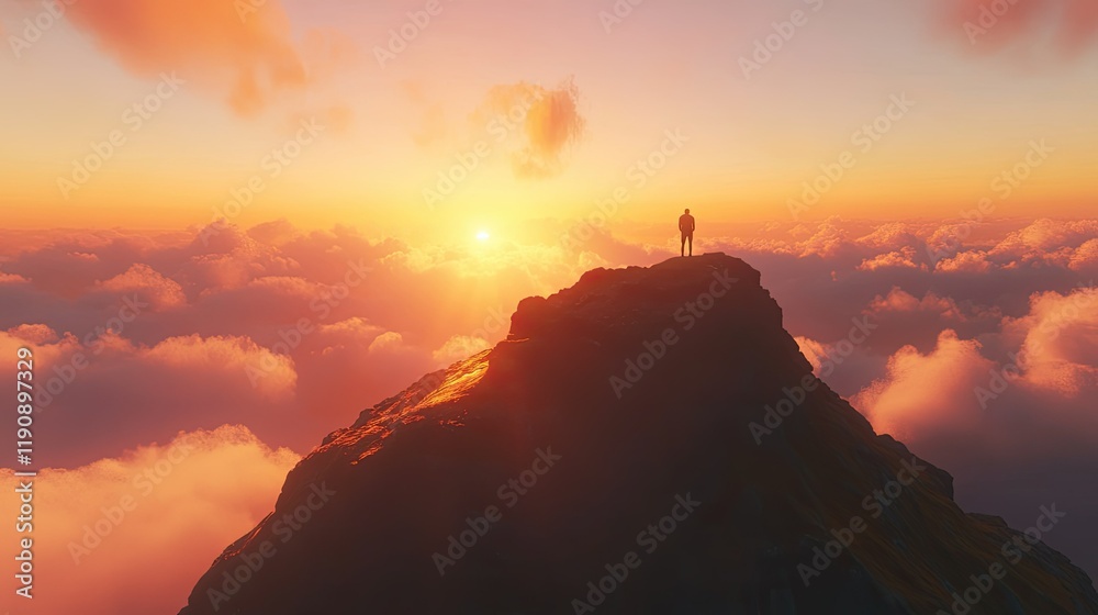 A silhouette of a person stands triumphantly atop a rugged mountain peak A silhouette of a person stands triumphantly atop a rugged mountain peak