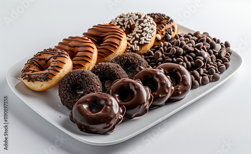 Close-Up of Chocolate-Covered Pastries and Mini Doughnuts - High-Resolution Product Photography with Copy Space
