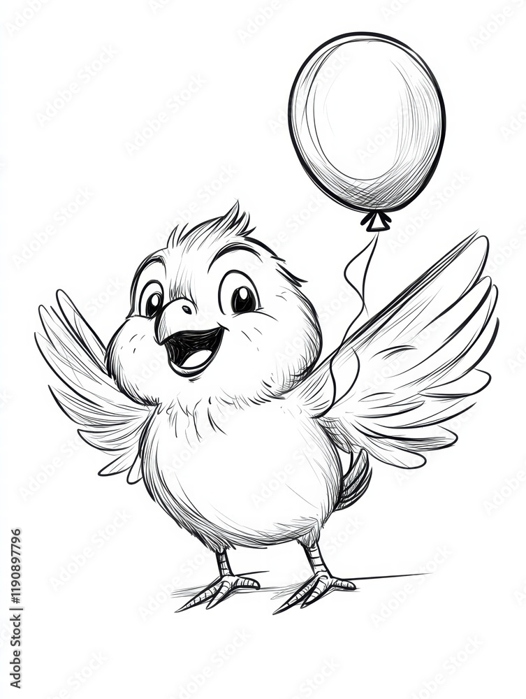 Obraz premium A whimsical illustration of a cheerful little bird with big eyes and outstretched wings holding a balloon, capturing a sense of joy and playfulness.