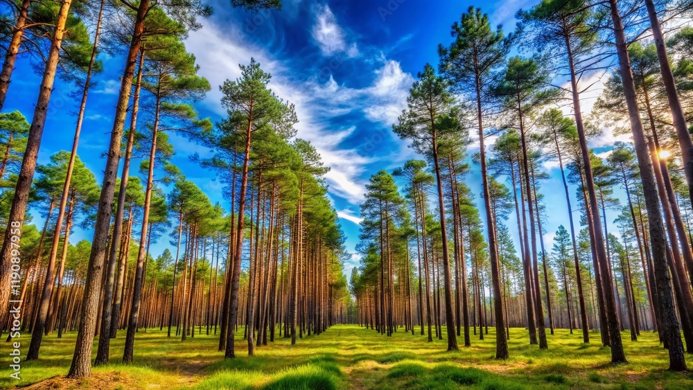 Minimalist Spring Pine Forest: Tall Trees Against Blue Sky Minimalist Spring Pine Forest: Tall Trees Against Blue Sky