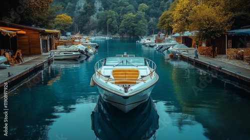 Serene boat anchored in calm waters surrounded by lush trees in a picturesque...