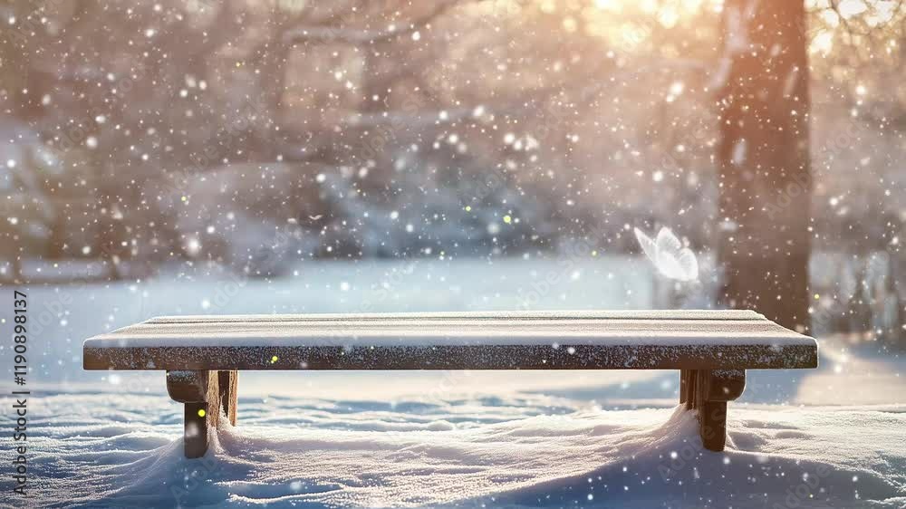 snow covered bench in a winter wonderland during soft flurry seamless looping overlay 4k virtual video animation background
