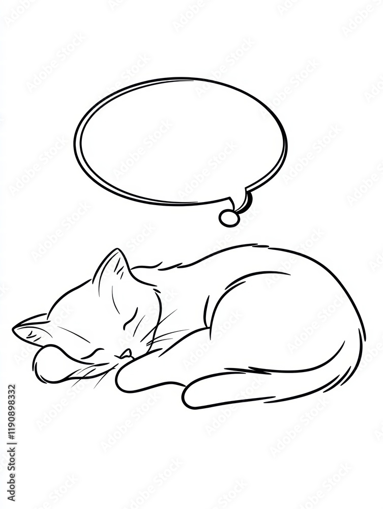 Sleepy Cat with Thought Bubble: A cute cat curled up in a deep sleep, a whimsical thought bubble above its head hinting at sweet dreams or playful schemes.  