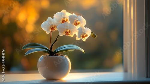 Elegant white orchid in a modern pot against a beautiful sunset backdrop