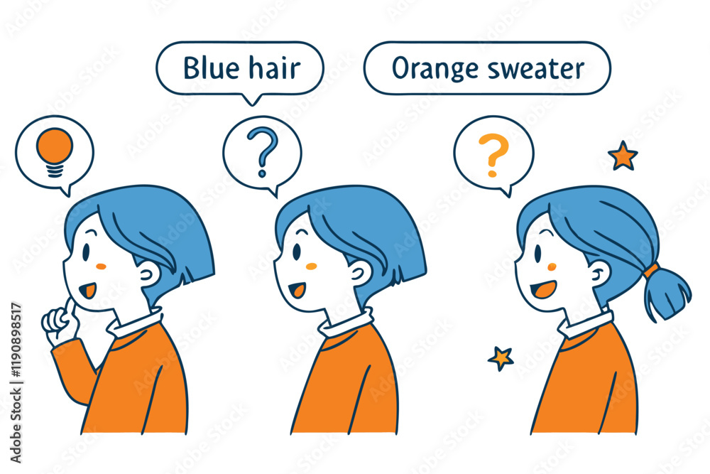 Cartoon character icons, blue hair, orange sweater, various expressions and gestures, speech bubbles with symbols, minimalist line art style, flat color design, emotion set, communication concept, vec Cartoon character icons, blue hair, orange sweater, various expressions and gestures, speech bubbles with symbols, minimalist line art style, flat color design, emotion set, communication concept, vec