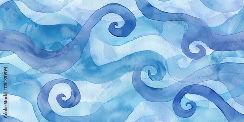 Abstract watercolor design with flowing blue waves creating a serene and calming effect. photo