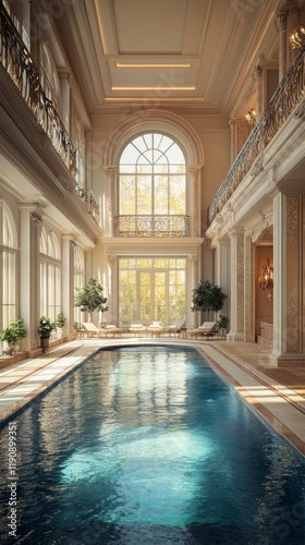 Elegant indoor swimming pool with large windows in a luxurious mansion during...