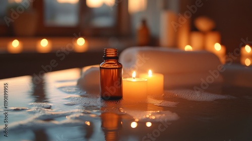 Amber glass bottle with dropper on marble counter in a spa or wellness center...